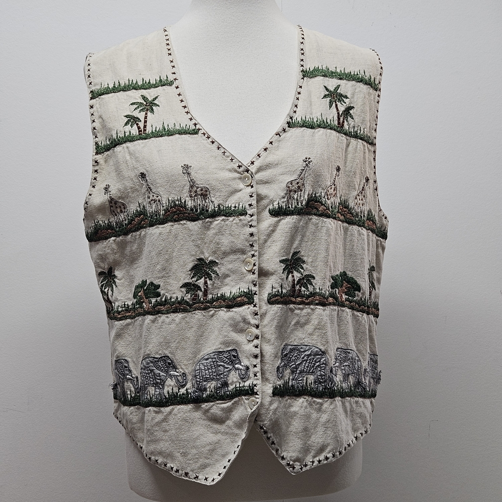 New Direction Safari Animal Embroidered Vest Top Size M Cottagecore Boho